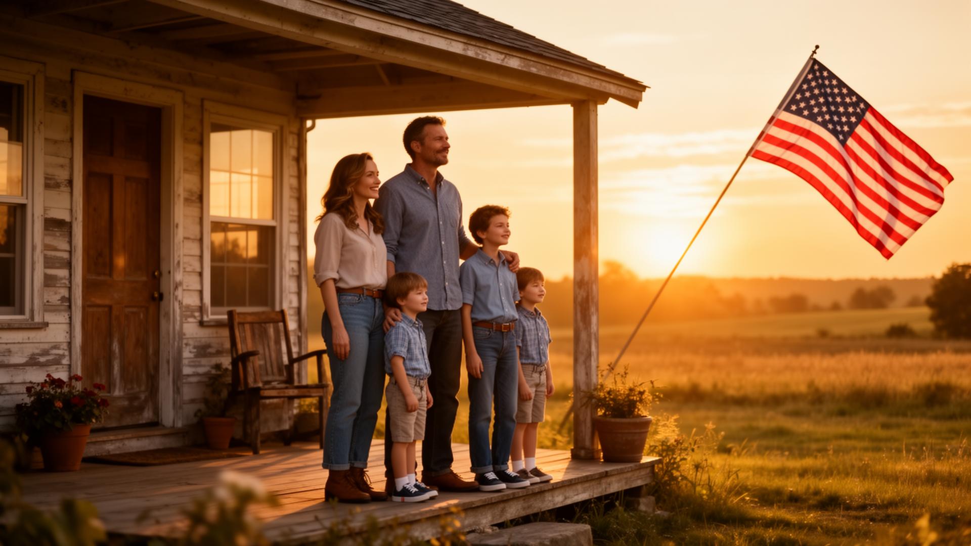 American family on porch at golden hour