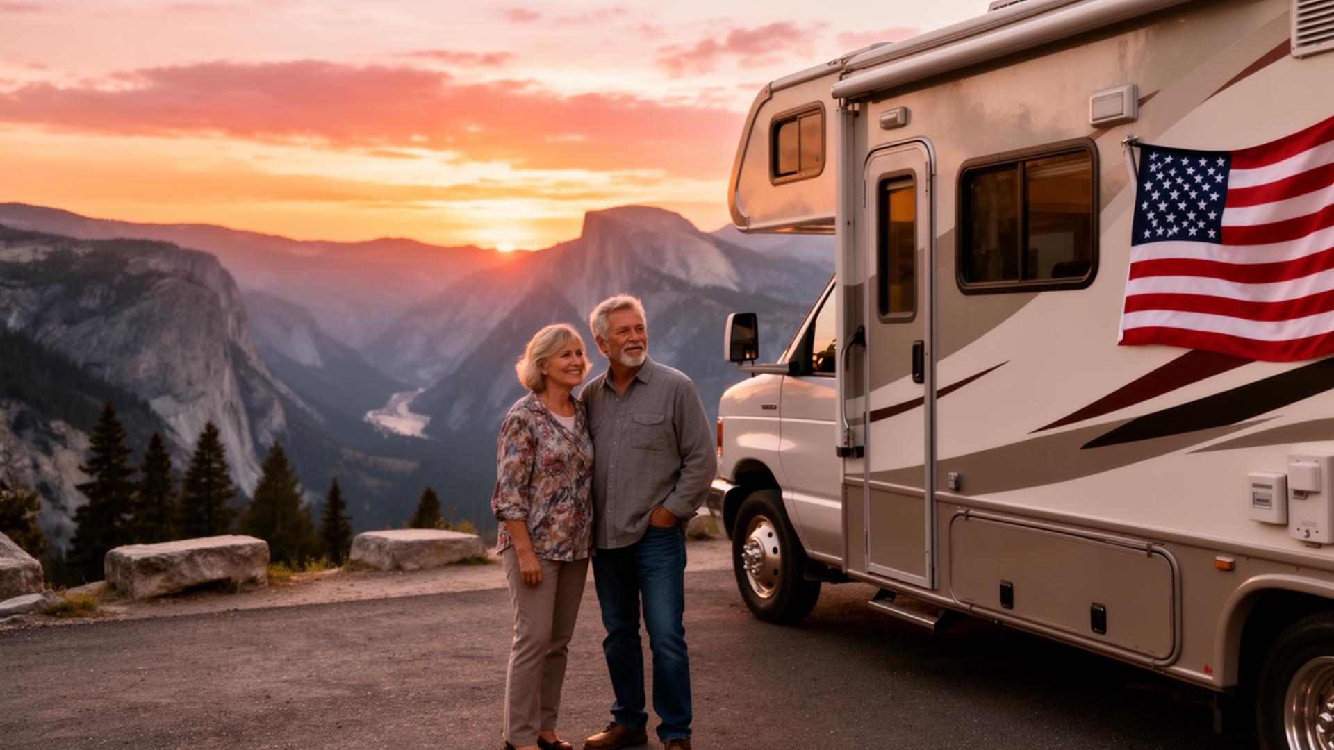 Couple beside RV at scenic overlook